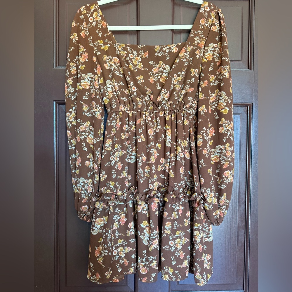Floral Brown Long Sleeve Dress